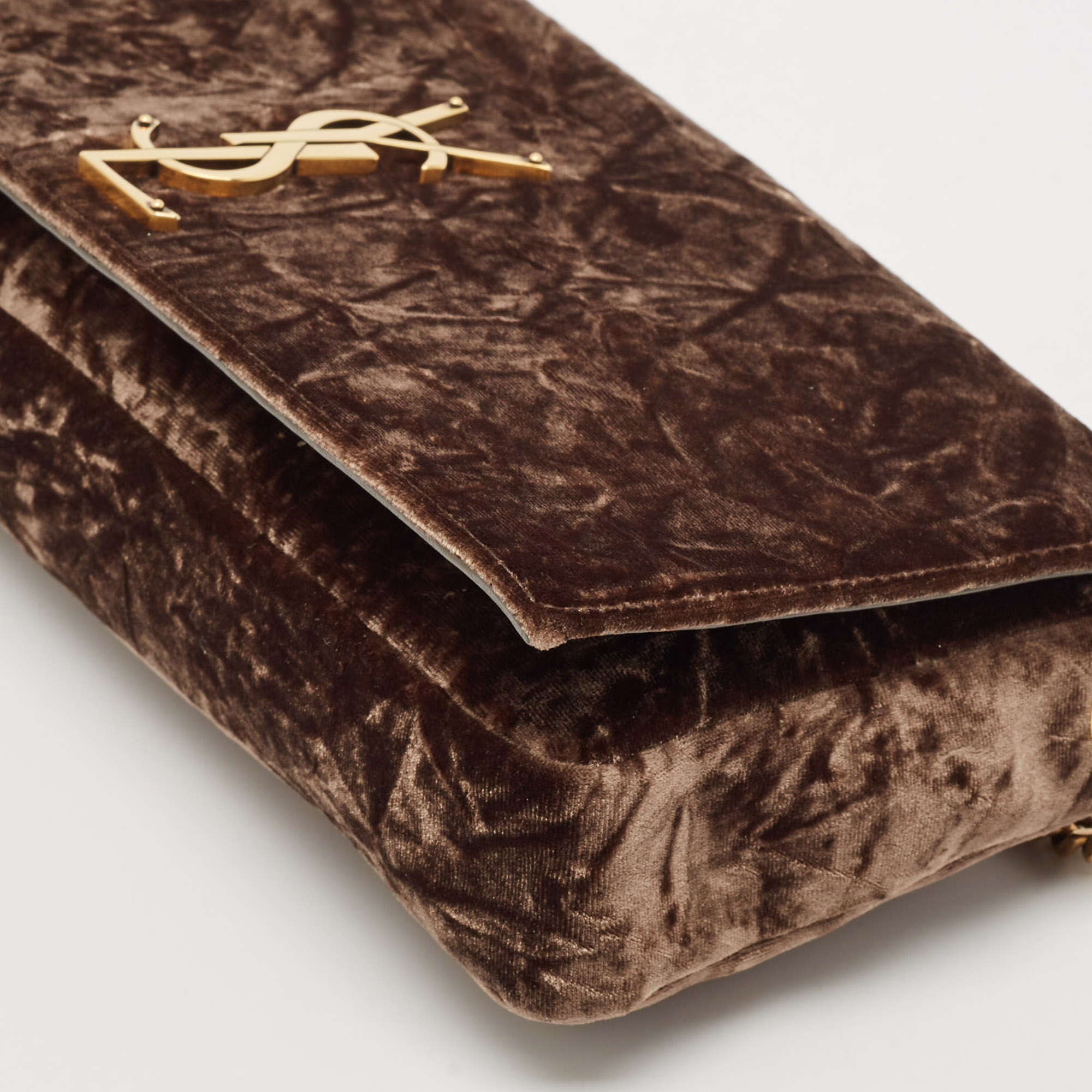 Saint Laurent Brown Crinkled Velvet Kate 99 Wallet On Chain 