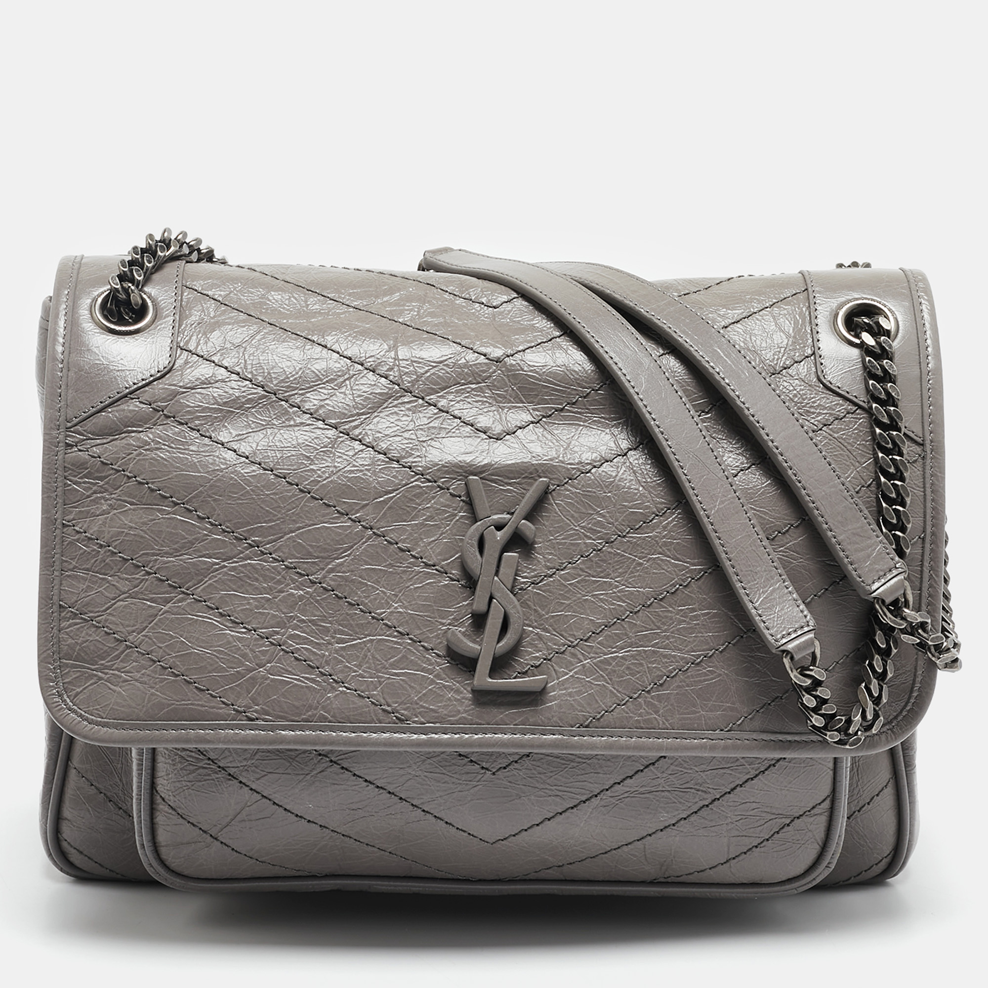 

Saint Laurent Grey Crinkled Leather Large Niki Shoulder Bag
