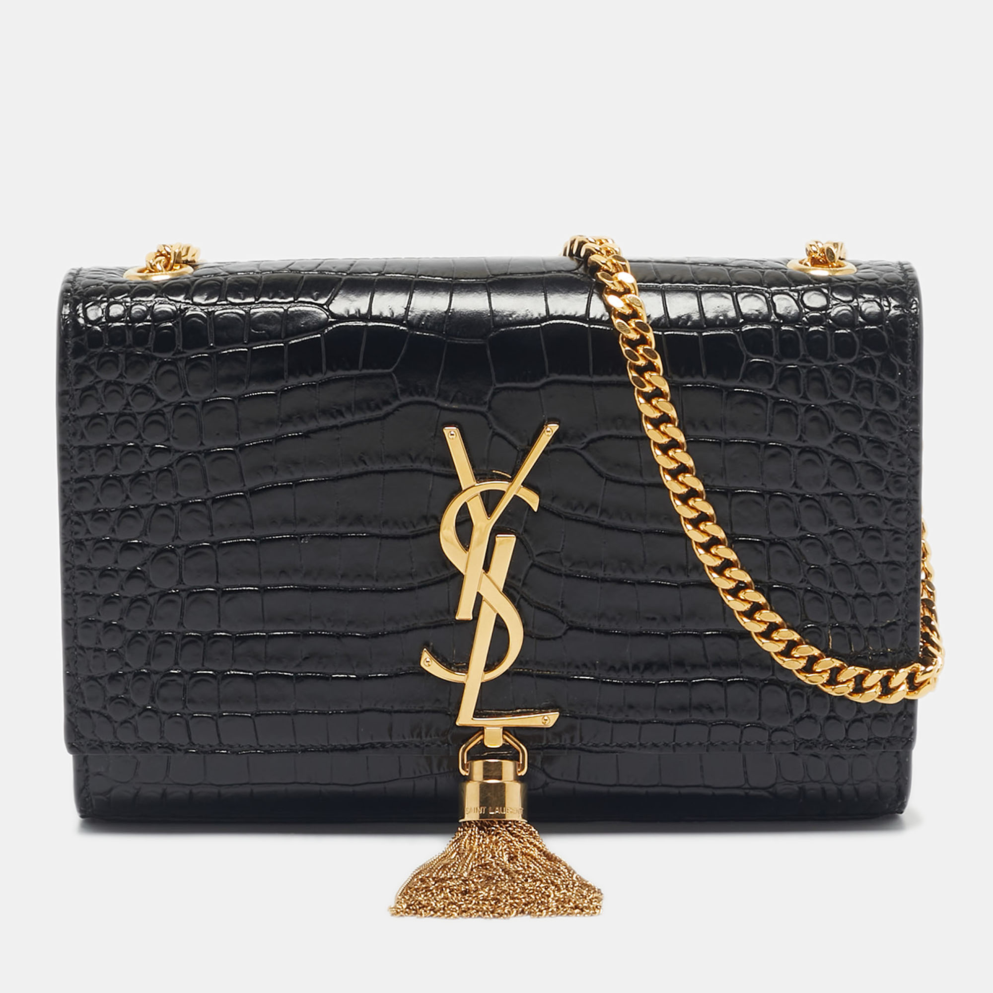 

Saint Laurent Black Croc Embossed Leather Kate Tassel Shoulder Bag