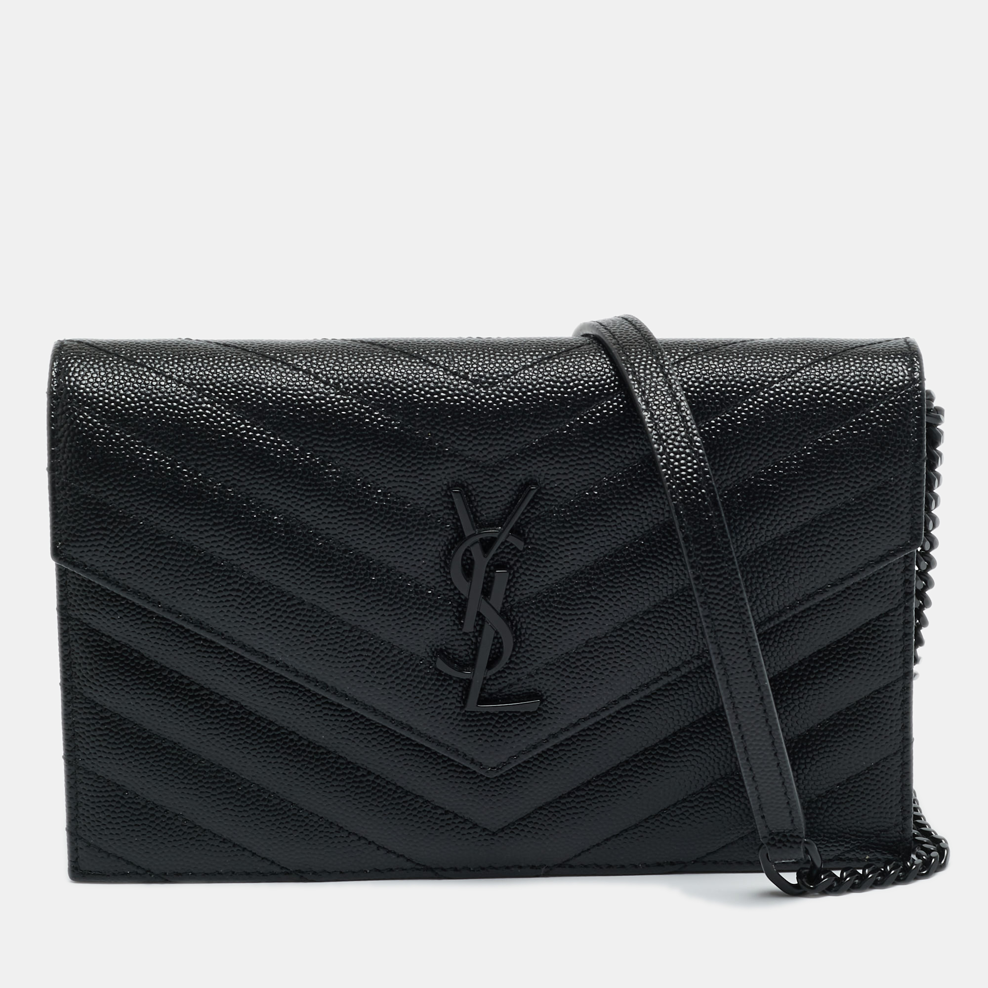 

Saint Laurent Black Matelassé Leather Cassandre Envelope Wallet on Chain