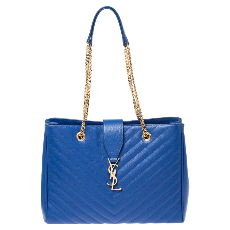 Pre Owned Saint Laurent Electric Blue Matelasse Leather Cassandre Shopper Tote