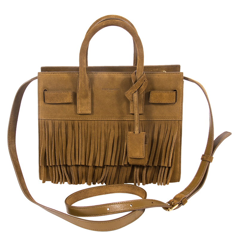 

Saint Laurent Beige Suede Nano Sac De Jour Fringe Tote