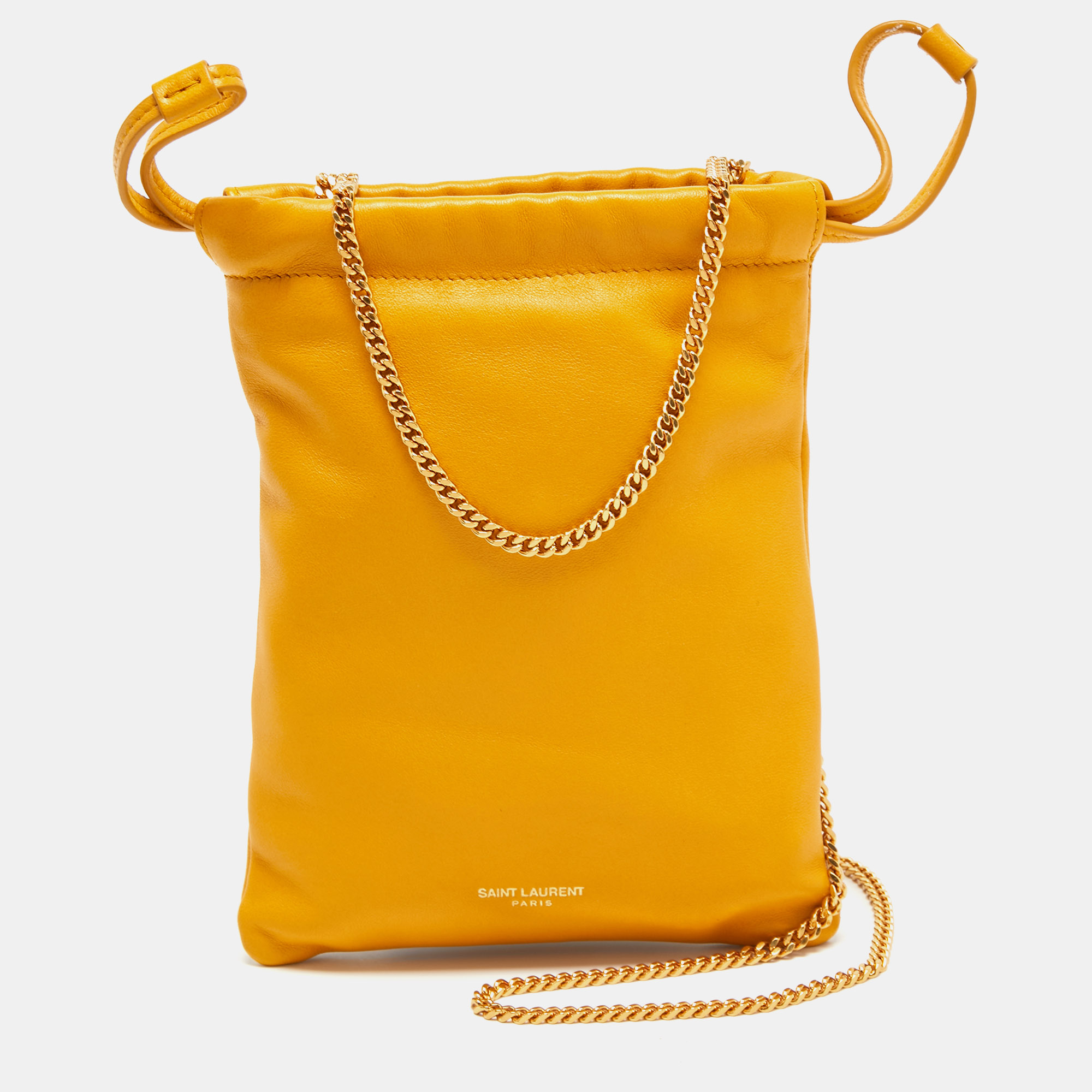 Pre-owned Saint Laurent Yellow Leather Drawstring Pouch On Chain