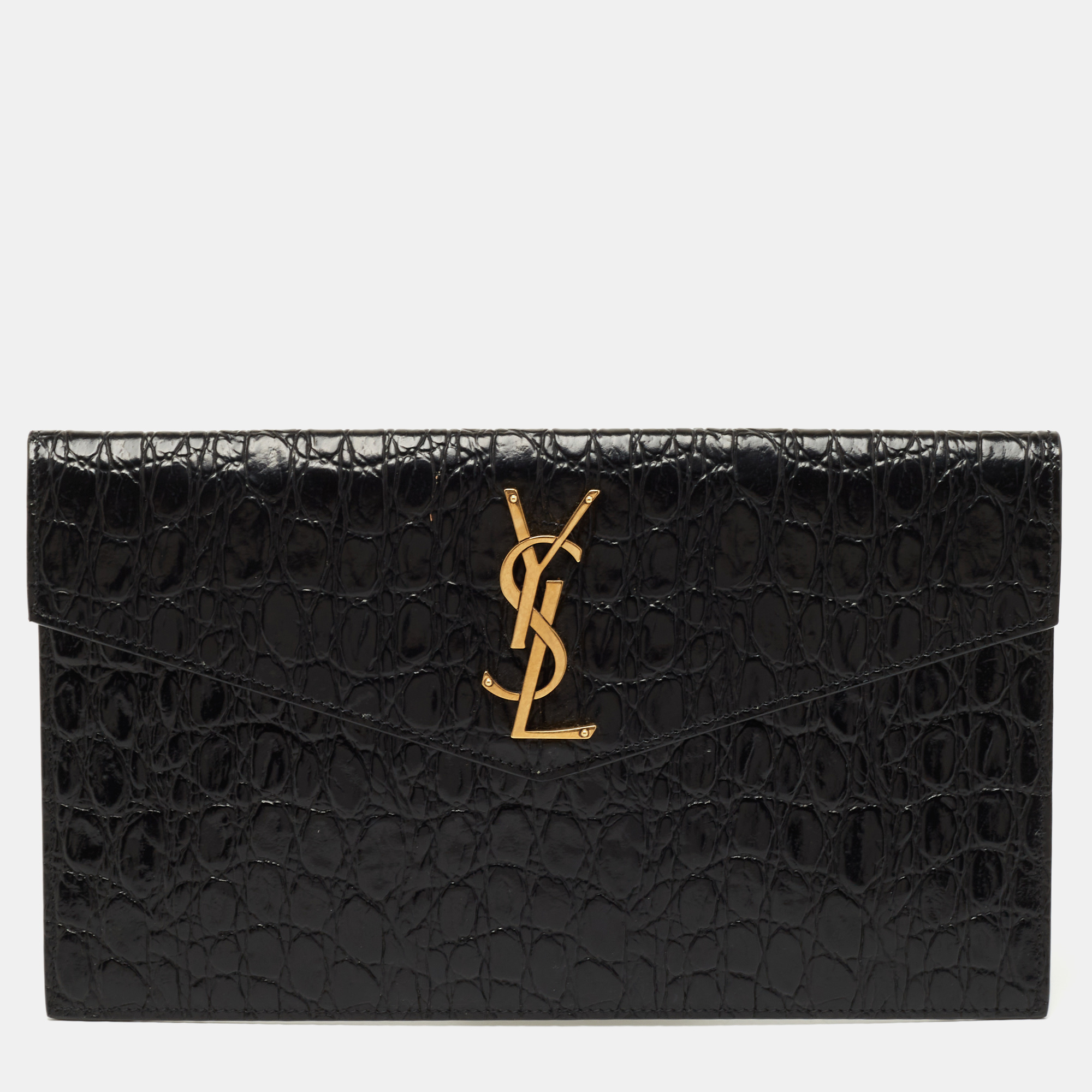 Pre Owned Saint Laurent Black Croc Embossed Leather Uptown Clutch