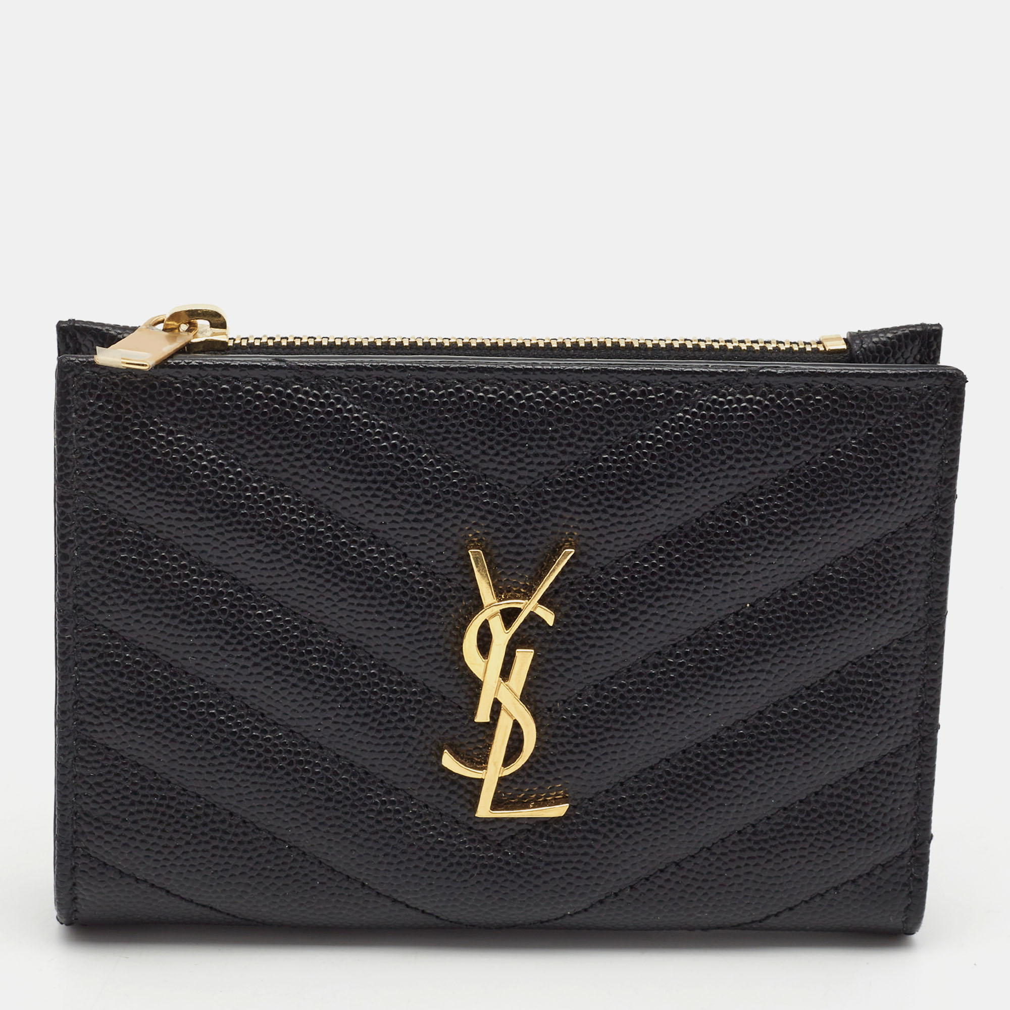 Pre Owned Saint Laurent Black Matelassé Leather Cassandre Zip Compact Wallet