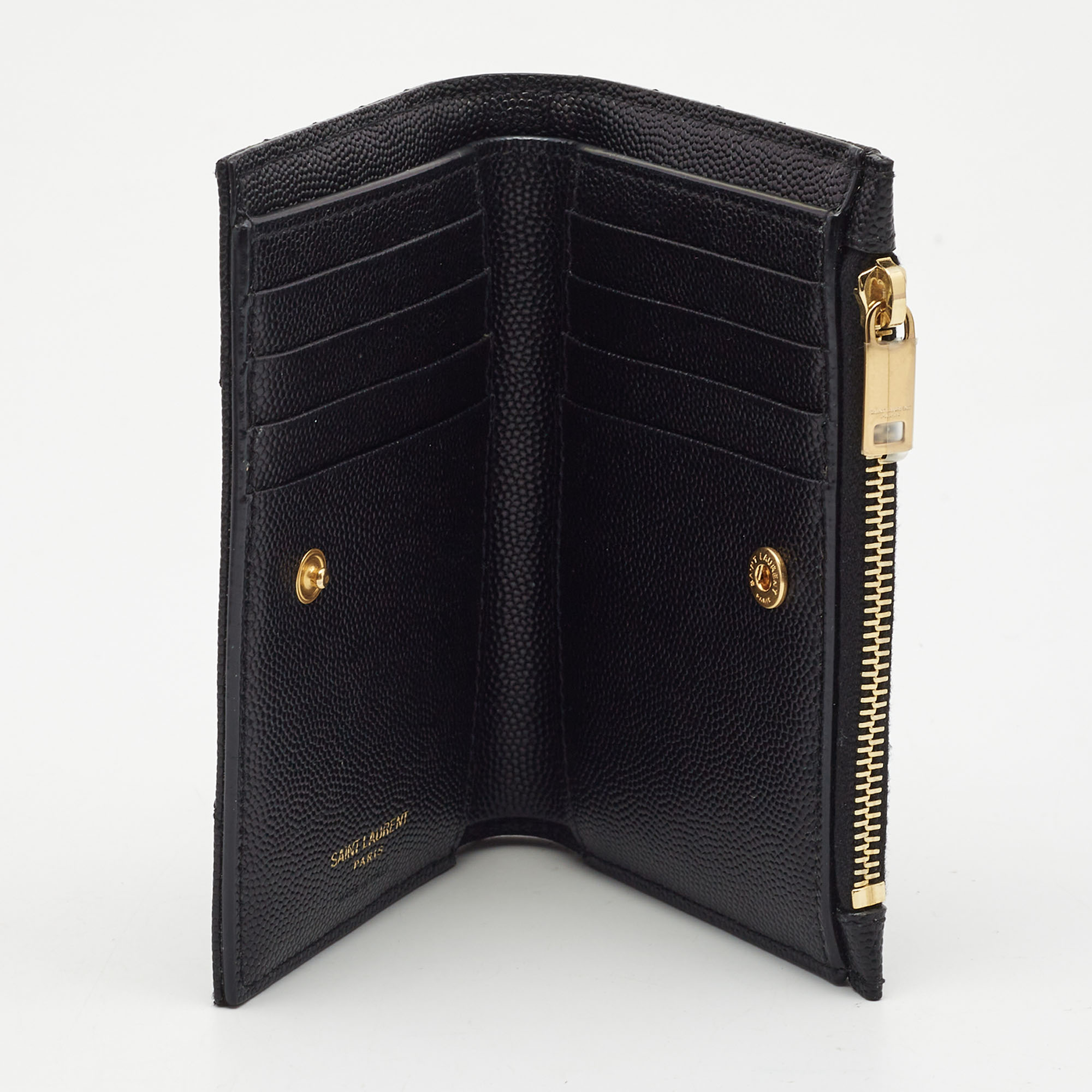 

Saint Laurent Black Matelassé Leather Cassandre Zip Compact Wallet