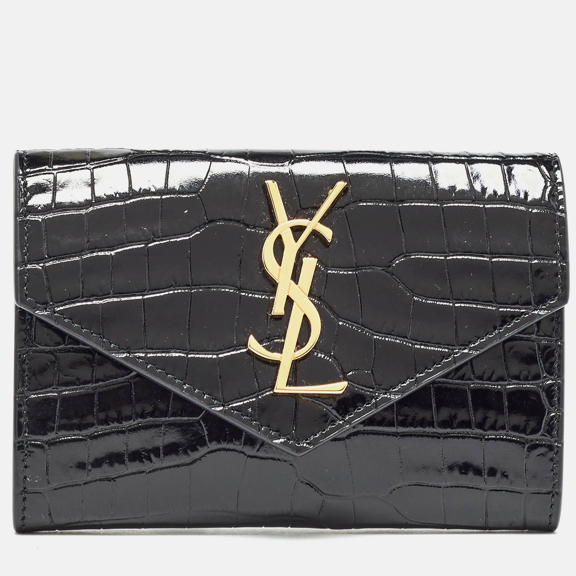 

Saint Laurent Black Croc Embossed Leather Monogram Compact Wallet