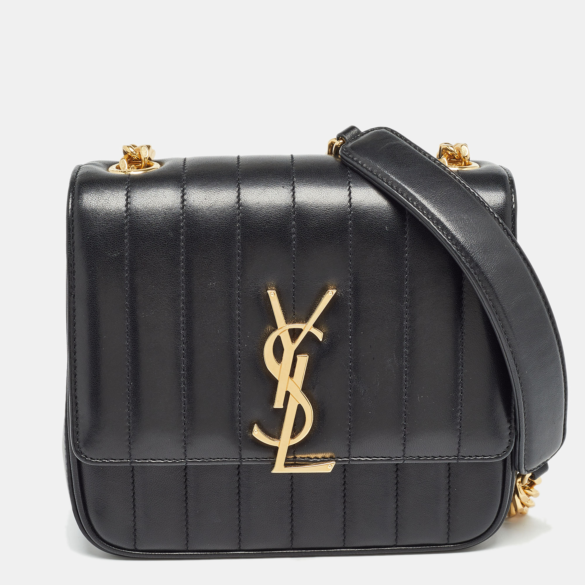 Pre-owned Saint Laurent Black Leather Medium Monogram Vicky Crossbody Bag