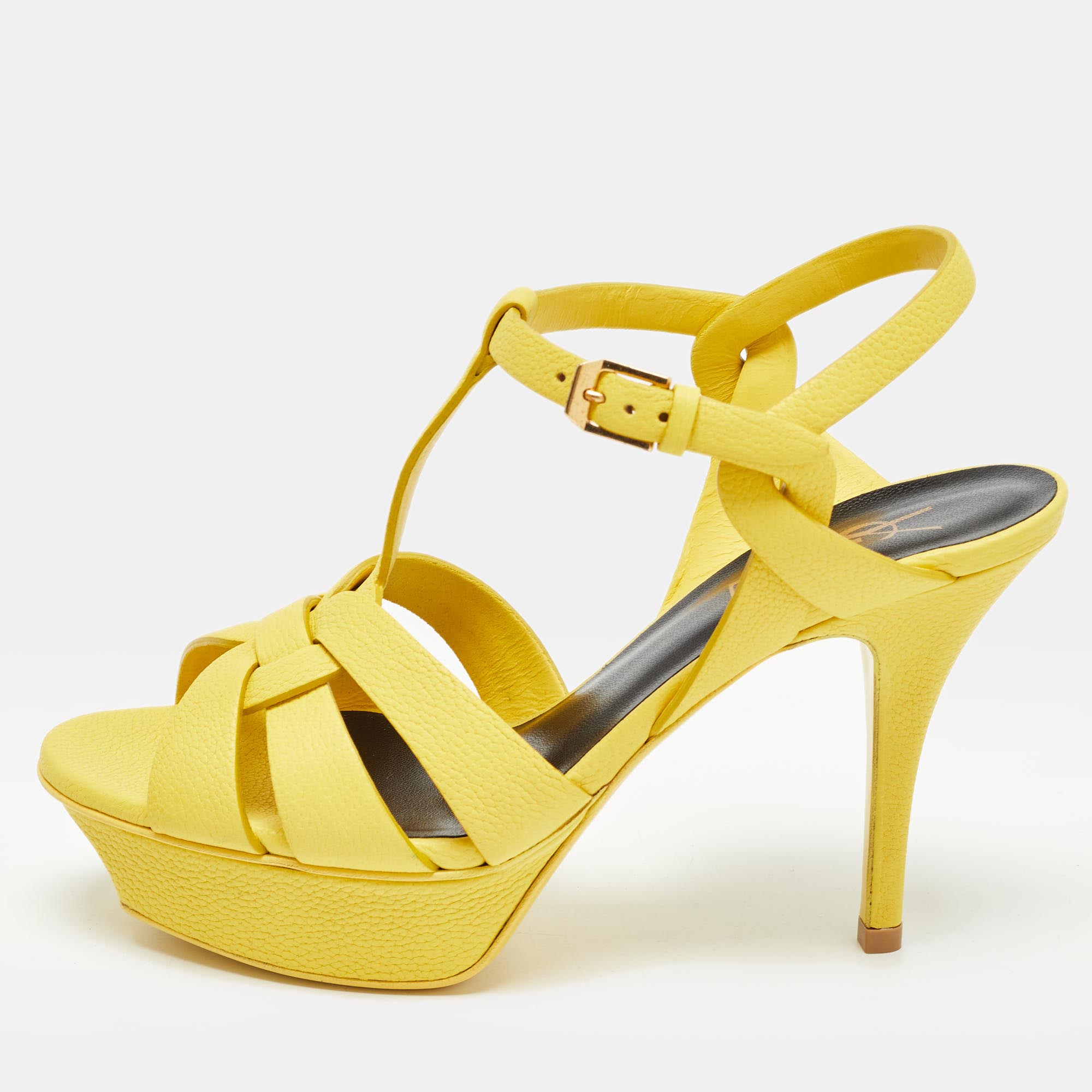 Pre-owned Saint Laurent Yellow Leather Tribute Sandals Size 36