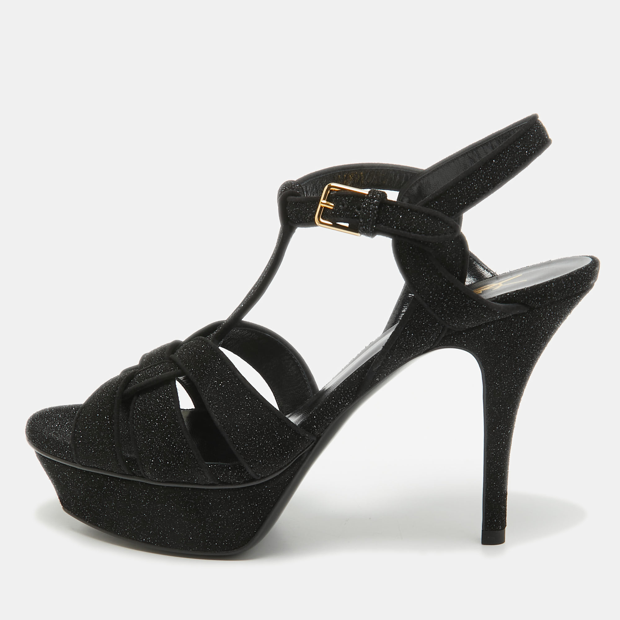 

Saint Laurent Black Glitter Suede Tribute Sandals Size