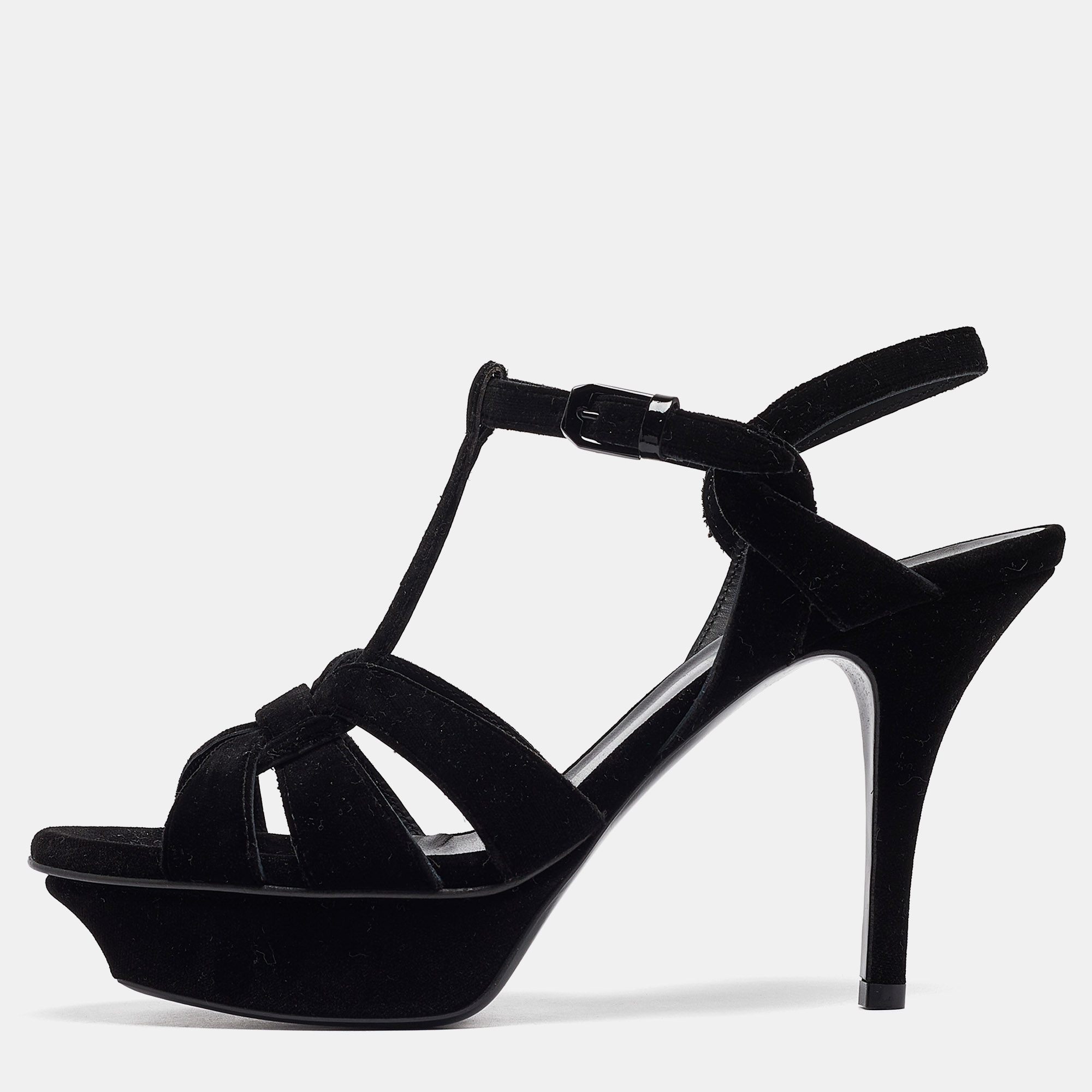 Pre-owned Saint Laurent Black Velvet Tribute Sandals Size 38.5