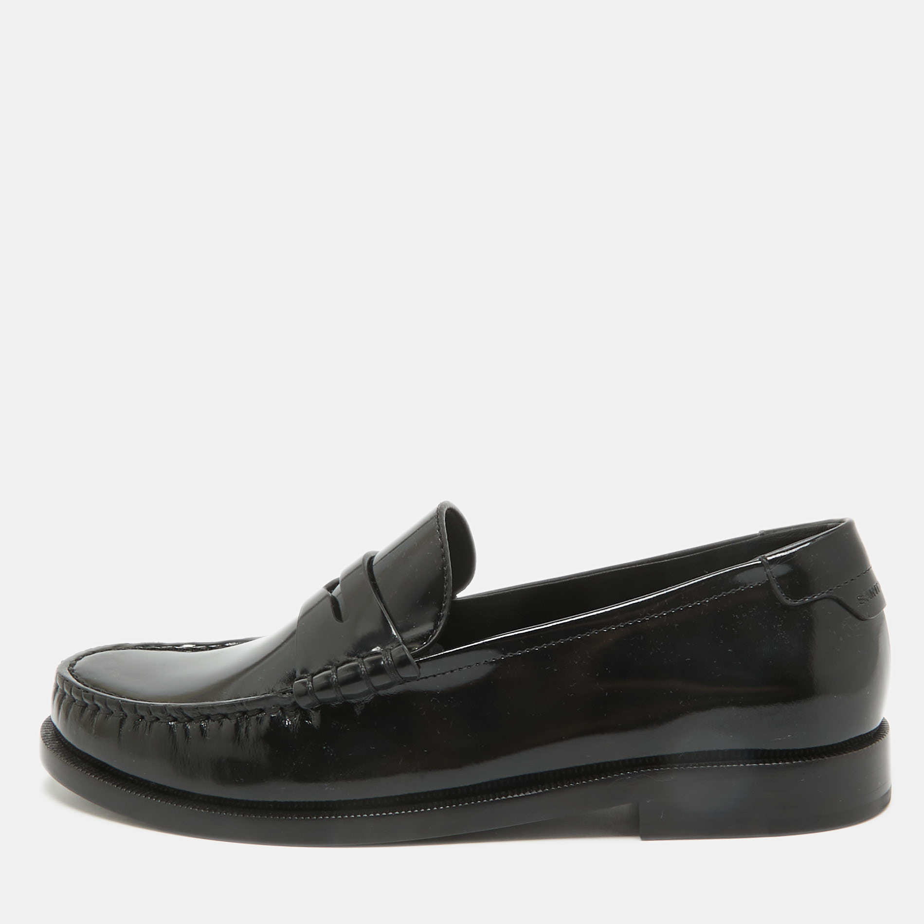 Pre-owned Saint Laurent Black Brushed Leather Penny Loafers Size 37