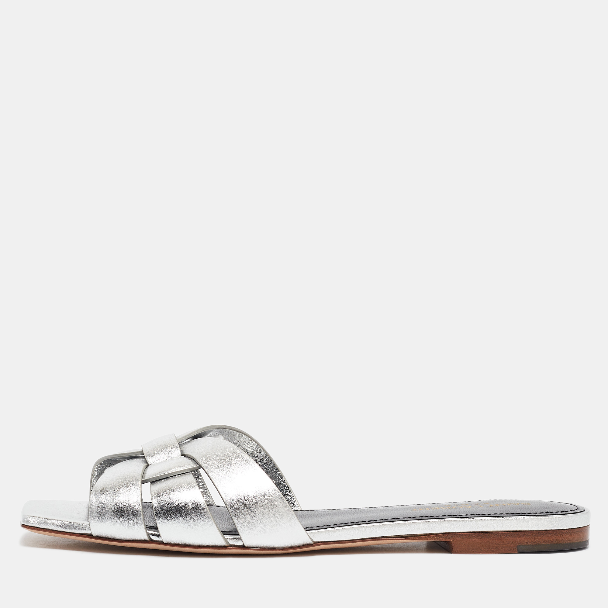 

Saint Laurent Silver Leather Tribute Flat Slides Size