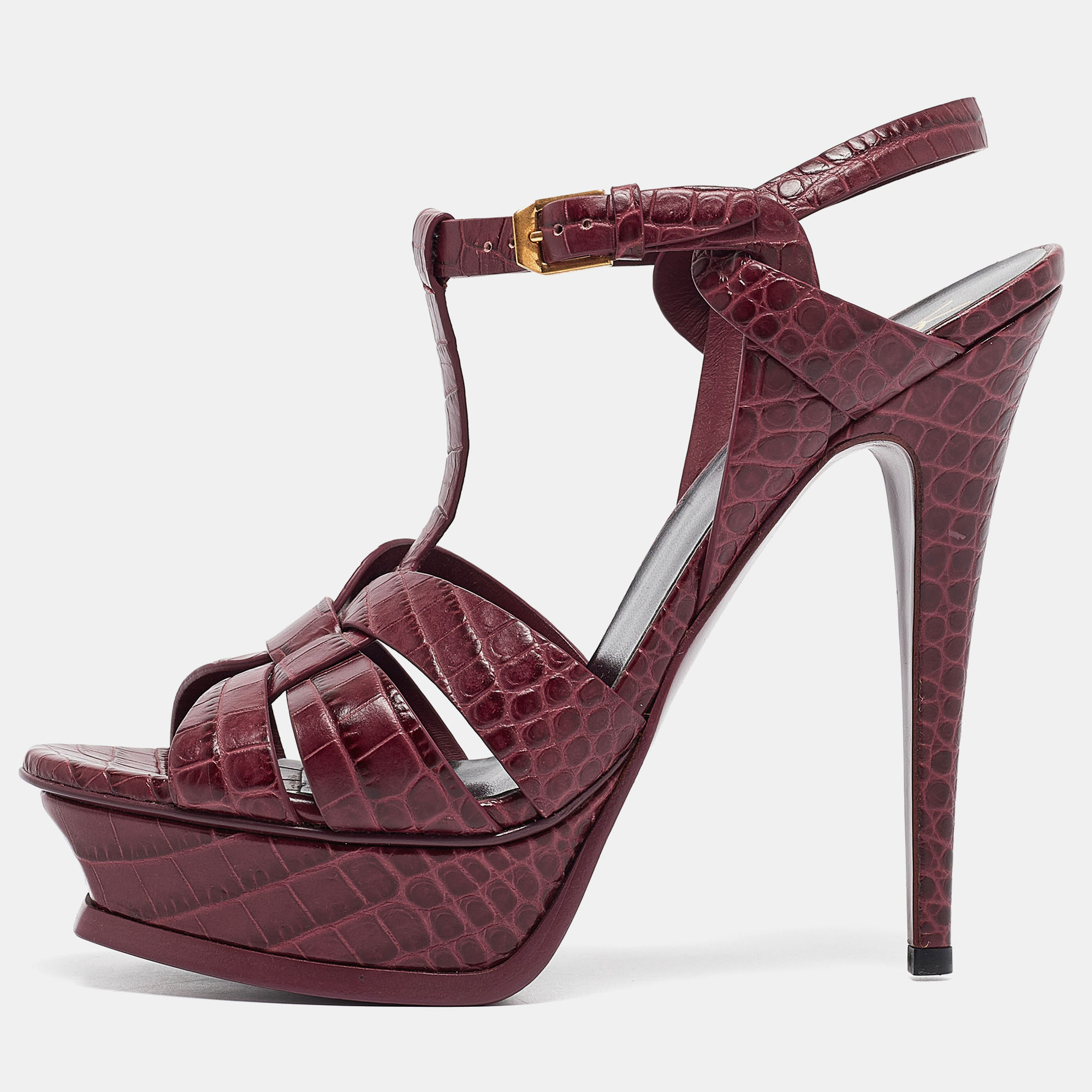 

Saint Laurent Plum Embossed Croc Tribute Sandals Size, Purple