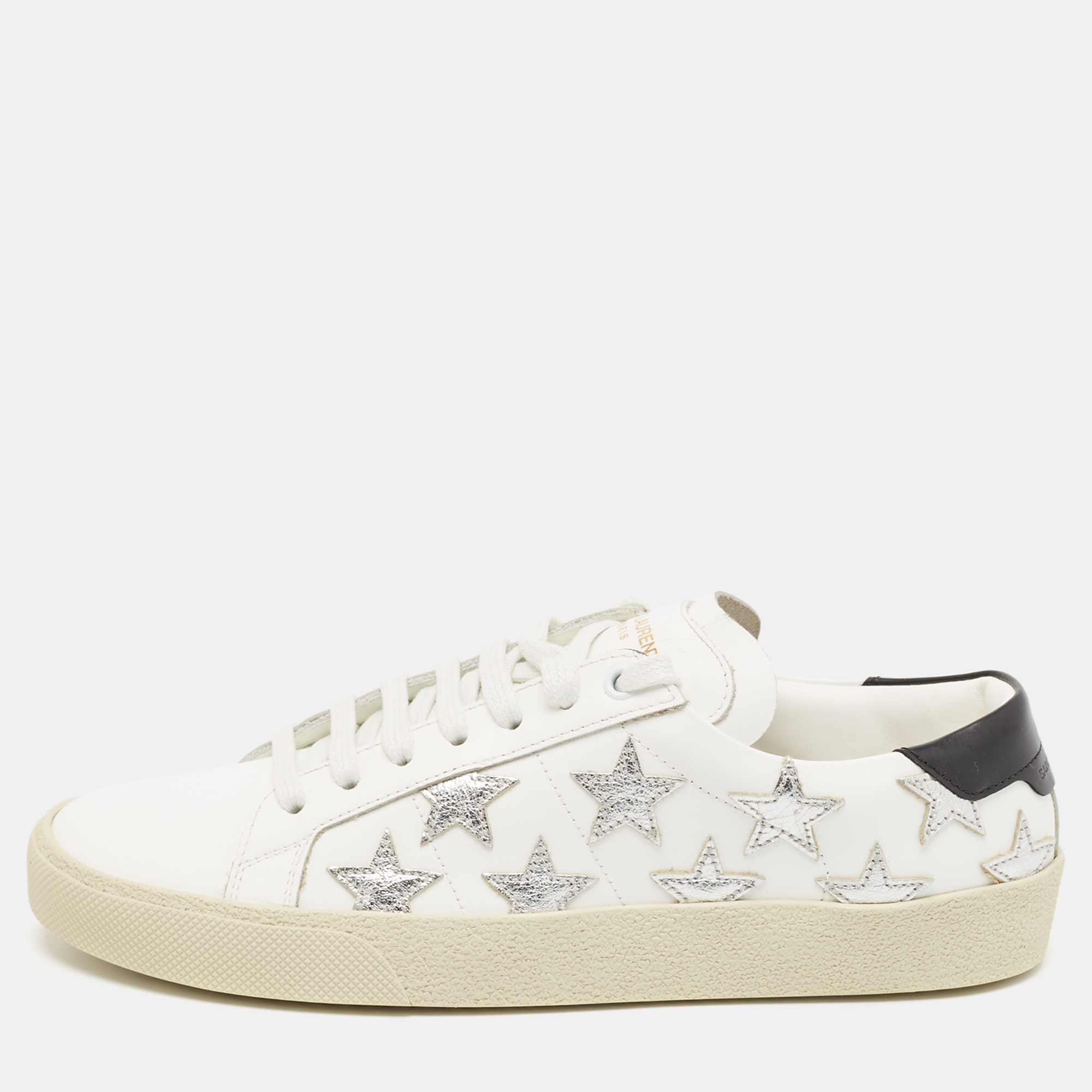 

Saint Laurent White/Silver Leather Court Classic Star Sneakers Size