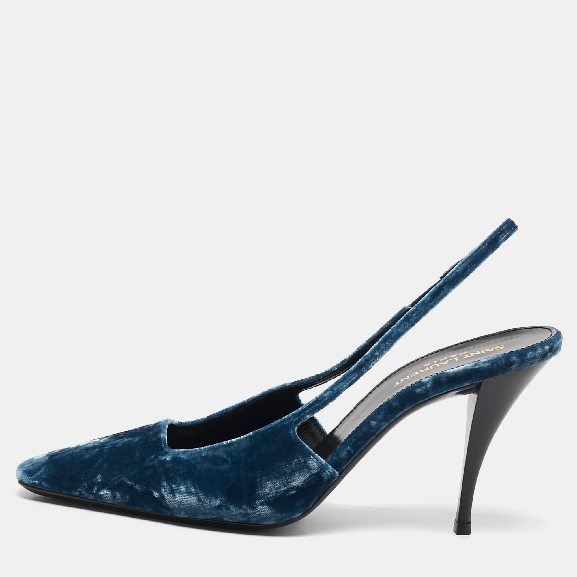 

Saint Laurent Blue Velvet Blade Slingback Pumps Size