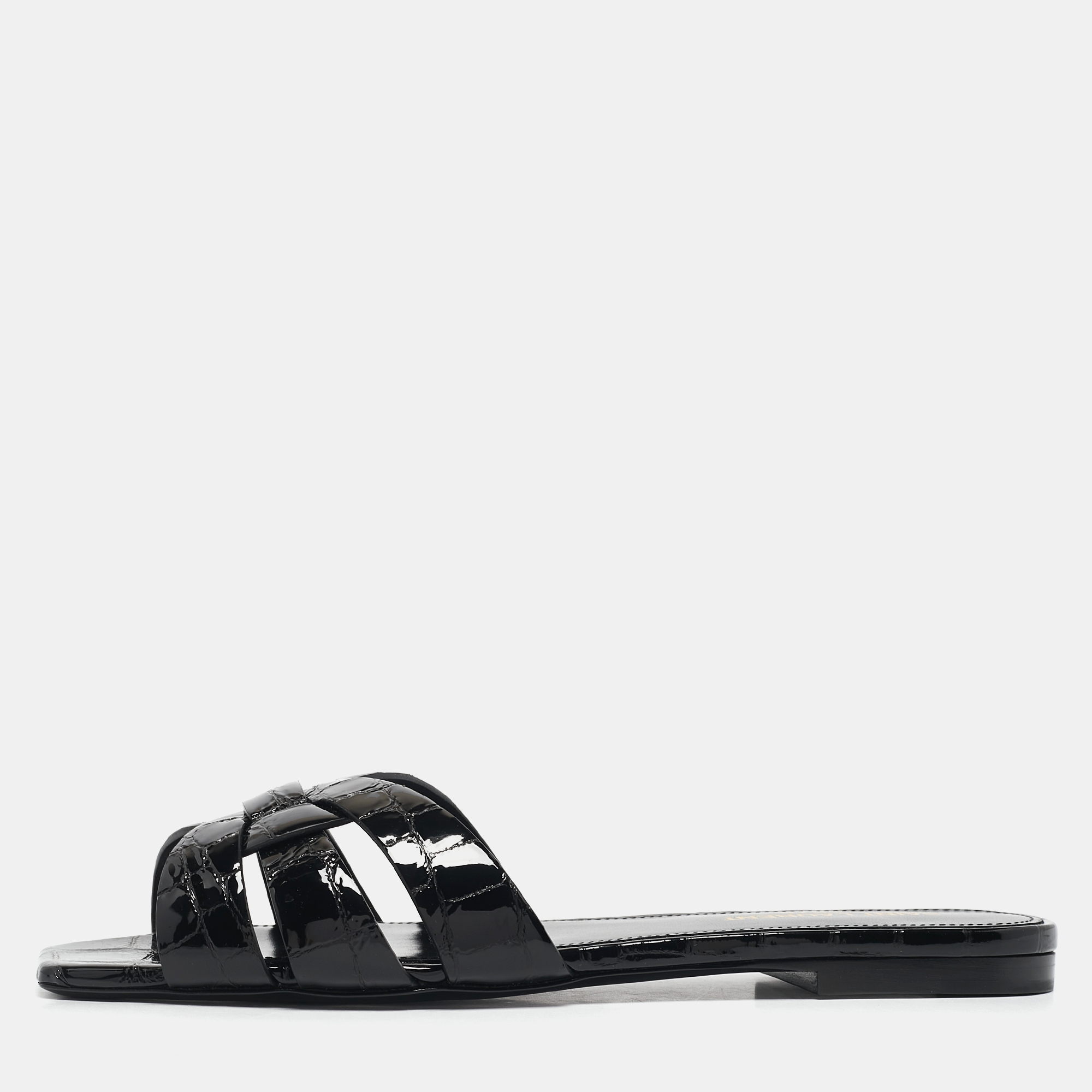 

Saint Laurent Black Croc Embossed Patent Leather Tribute Flat Slides Size