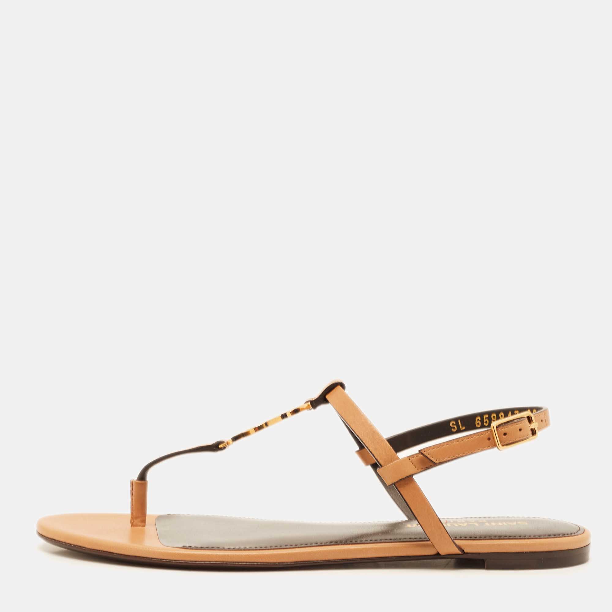 

Saint Laurent Brown Leather Cassandra Flat Sandals Size