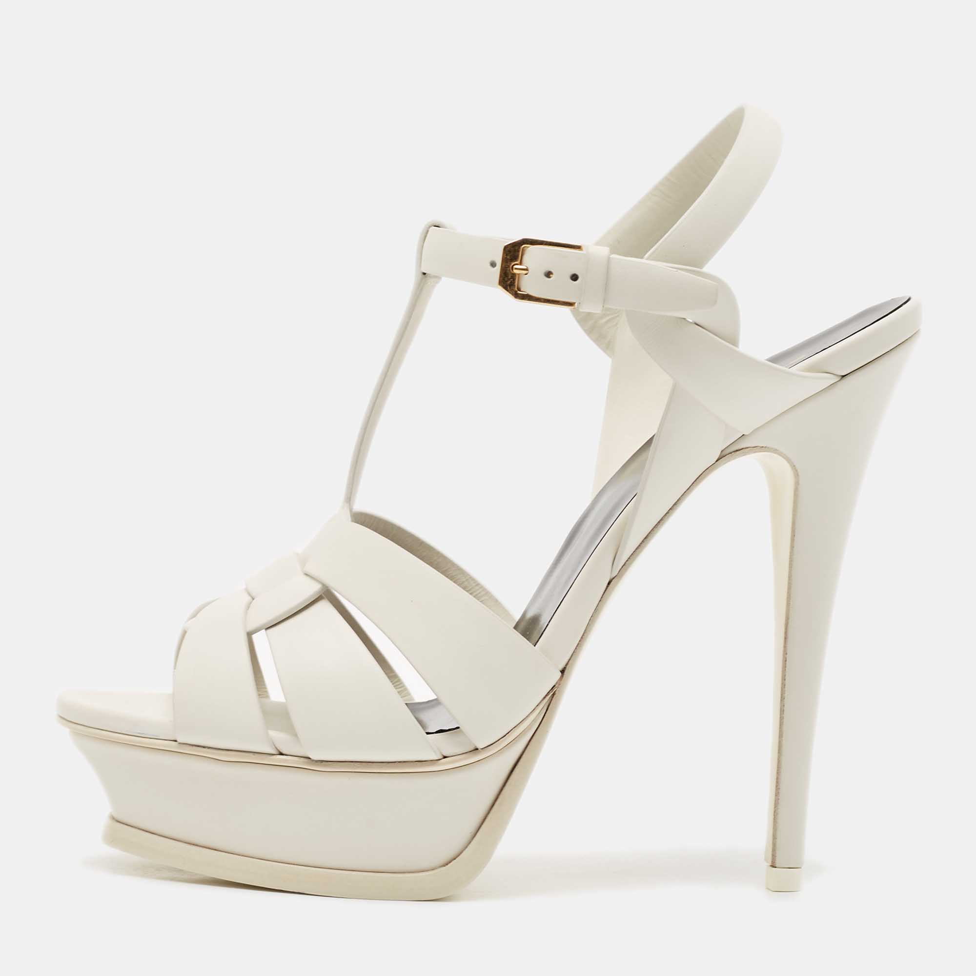 

Saint Laurent White Leather Tribute Platform Sandals Size