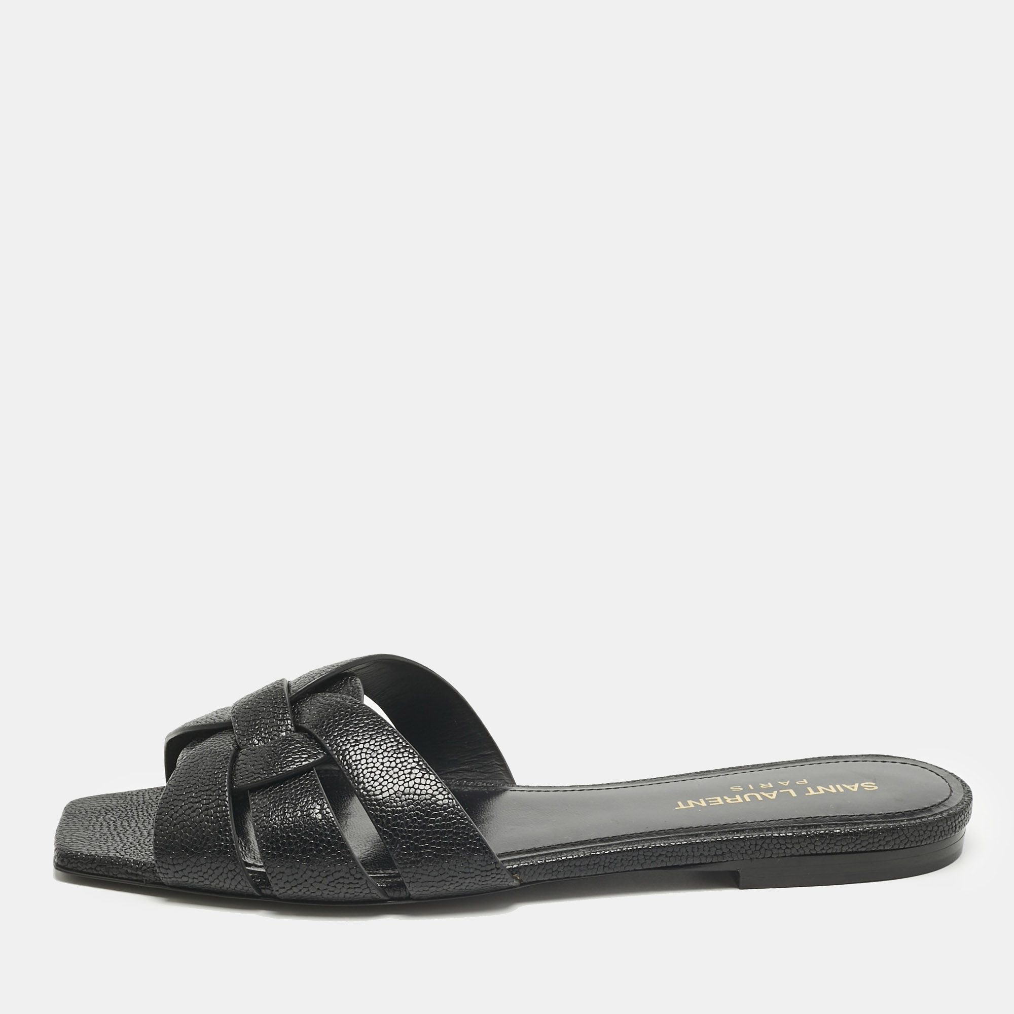 Pre-owned Saint Laurent Black Leather Tribute Flat Slide Size 37