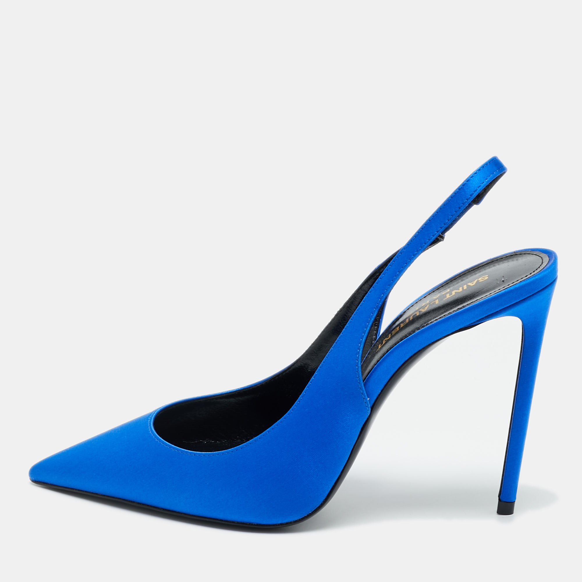 Pre-owned Saint Laurent Blue Satin Zoe Slingback Pumps Size 37.5