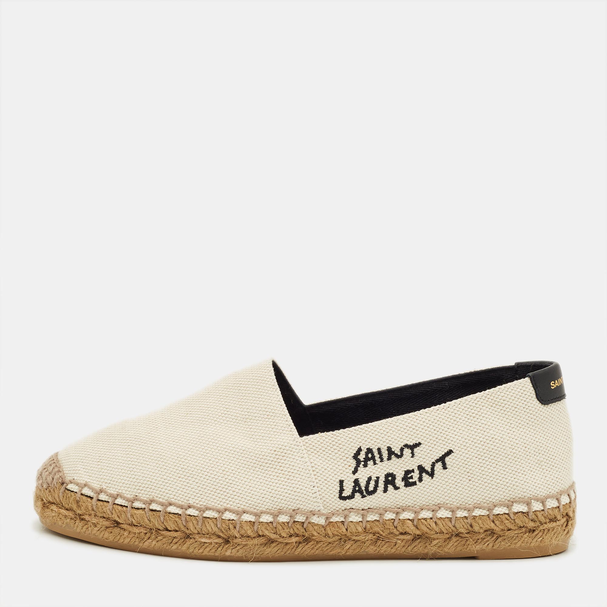 Pre-owned Saint Laurent Cream Canvas Logo Embroidered Slip On Espadrille Flats Size 34 In White