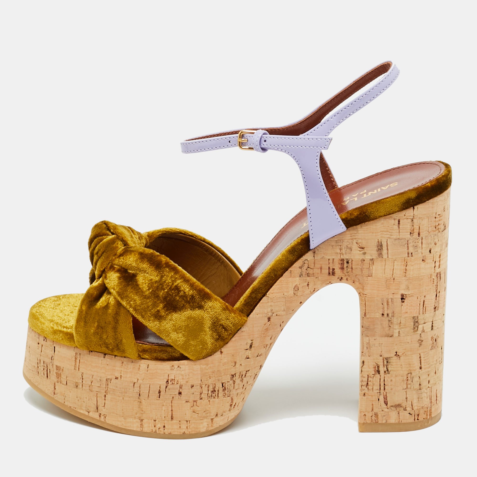 Pre-owned Saint Laurent Gold/lilac Velvet And Patent Leather Bianca Sandals Size 39
