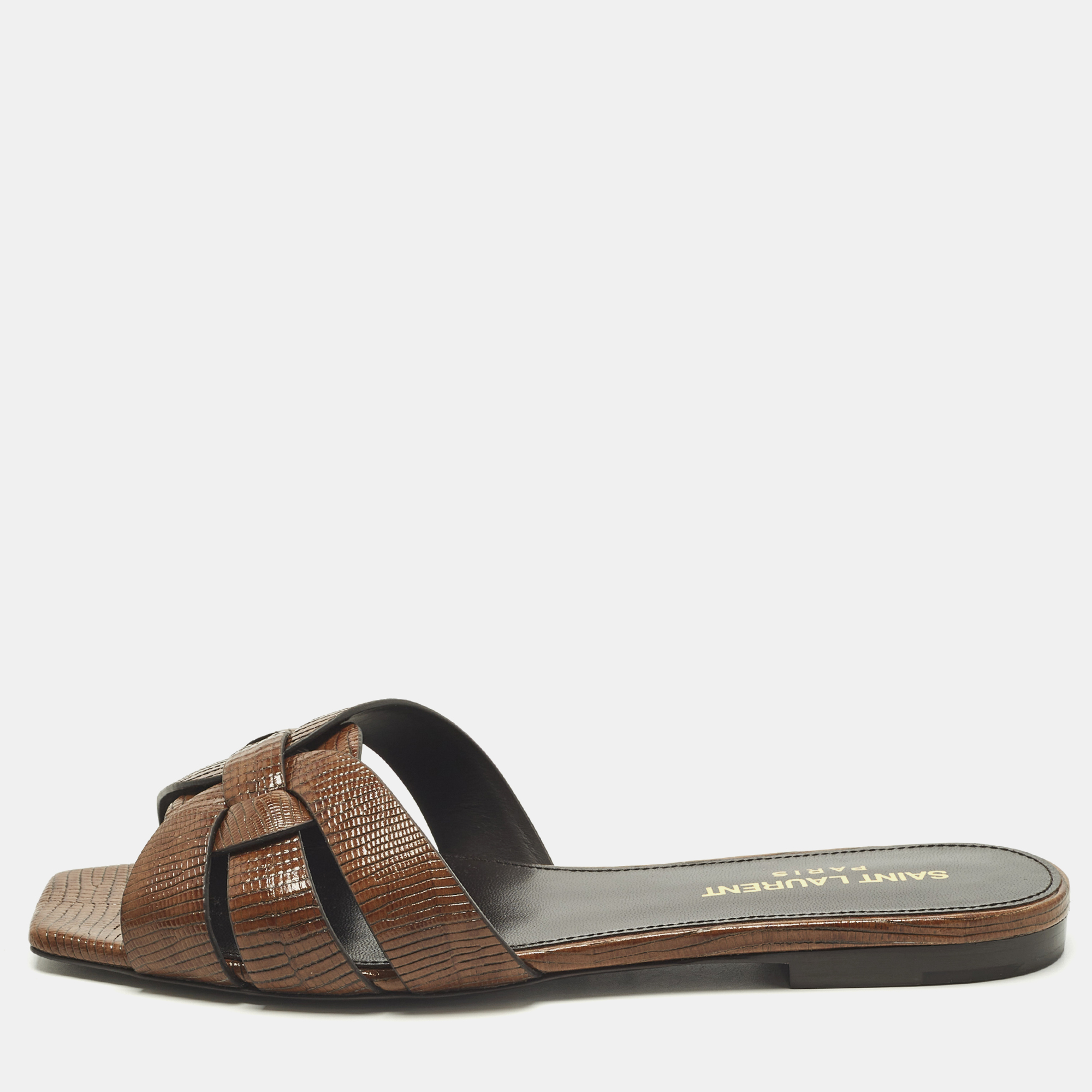 

Saint Laurent Tribute Size  Brown Lizard Embossed Leather Flat Slides