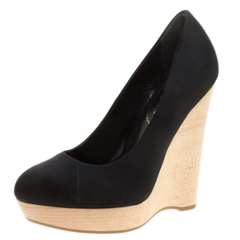 Pre Owned Saint Laurent Paris Black Satin Maryna Wedge Pumps Size 35