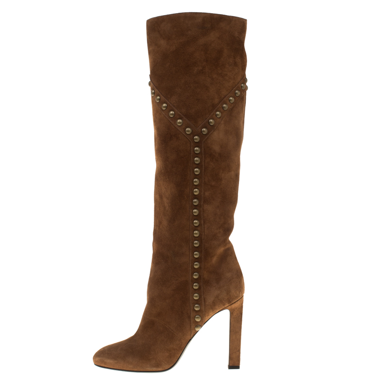 

Saint Laurent Paris Brown Suede Grace Stud Detail Knee Boots Size