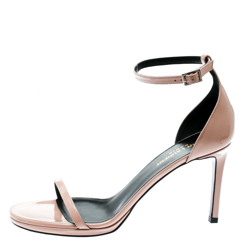 

Saint Laurent Paris Beige Patent Leather Jane Ankle Strap Open Toe Sandals Size