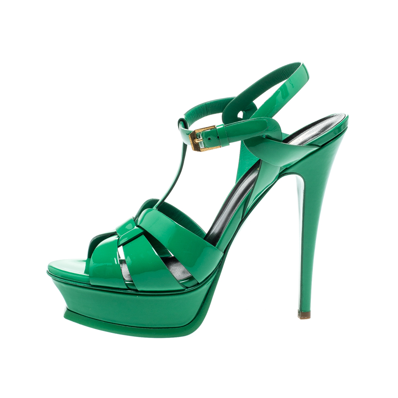 

Saint Laurent Paris Green Patent Leather Tribute Platform Sandals Size