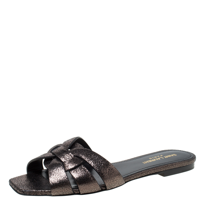 Pre Owned Saint Laurent Paris Metallic Grey Textured Leather Tribute Flat Slides Size 37.5