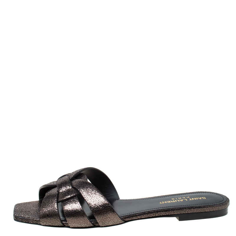 

Saint Laurent Paris Metallic Grey Textured Leather Tribute Flat Slides Size
