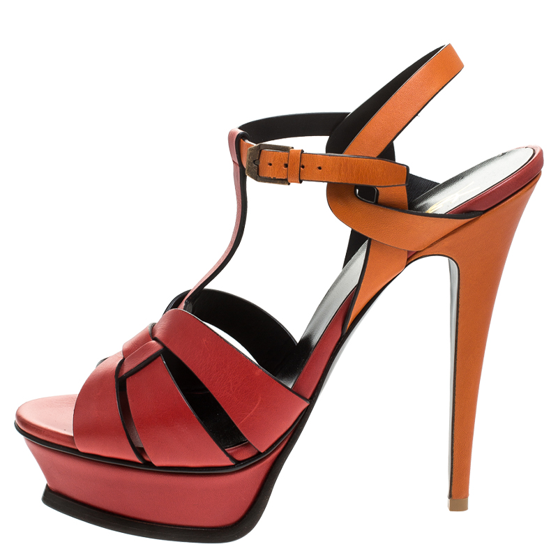 

Saint Laurent Paris Red/Orange Leather Tribute Platform Ankle Strap Sandals Size