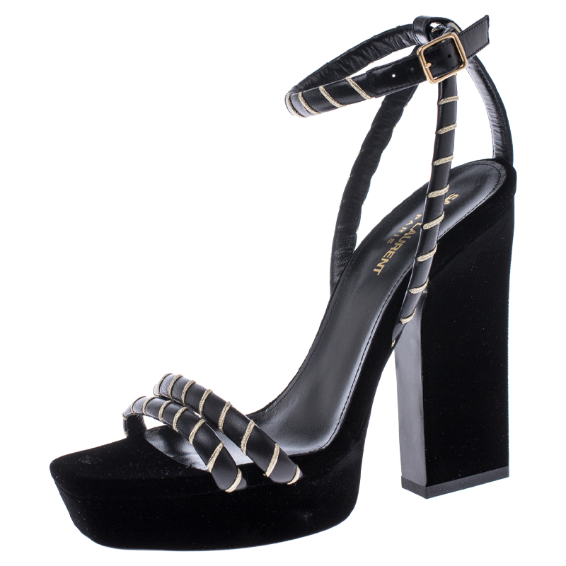Saint Laurent Paris Black Velvet Debbie Ankle Strap Platform Sandals Size 40