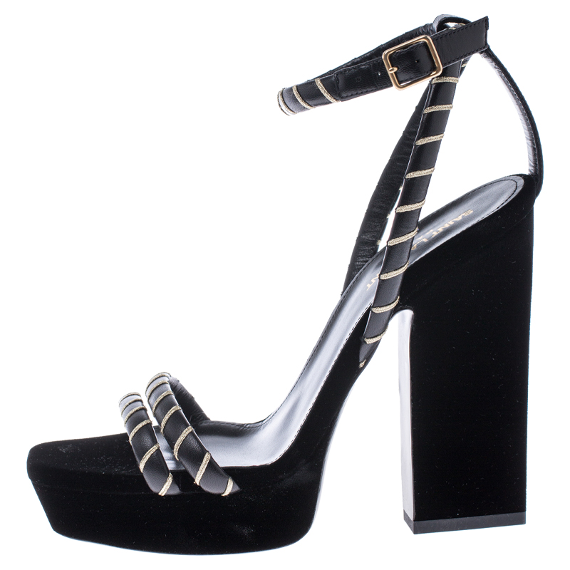

Saint Laurent Paris Black Velvet Debbie Ankle Strap Platform Sandals Size