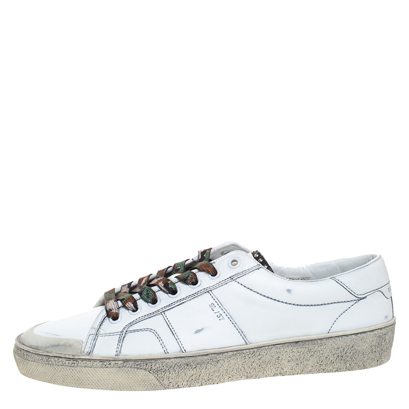 

Saint Laurent Paris White Distressed Leather Camo Lace SL/37 Classic Court Sneakers Size