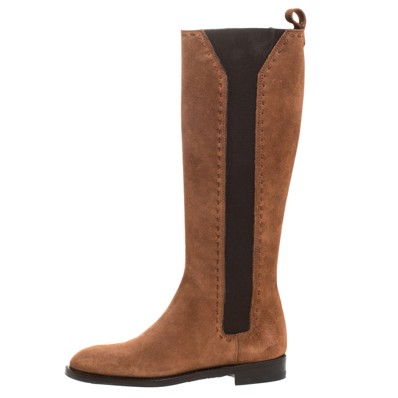 

Saint Laurent Paris Brown Suede And Elastic Stitch Detail Knee Length Boots Size