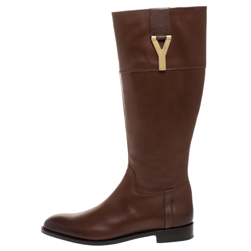 

Saint Laurent Paris Brown Leather Chyc Knee High Boots Size