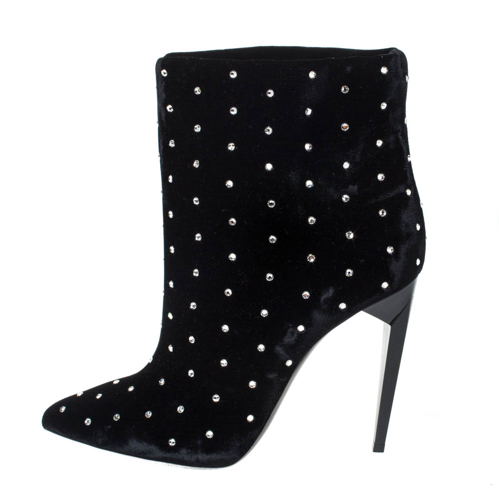 

Saint Laurent Black Crystal Embellished Velvet Freja Ankle Boots Size