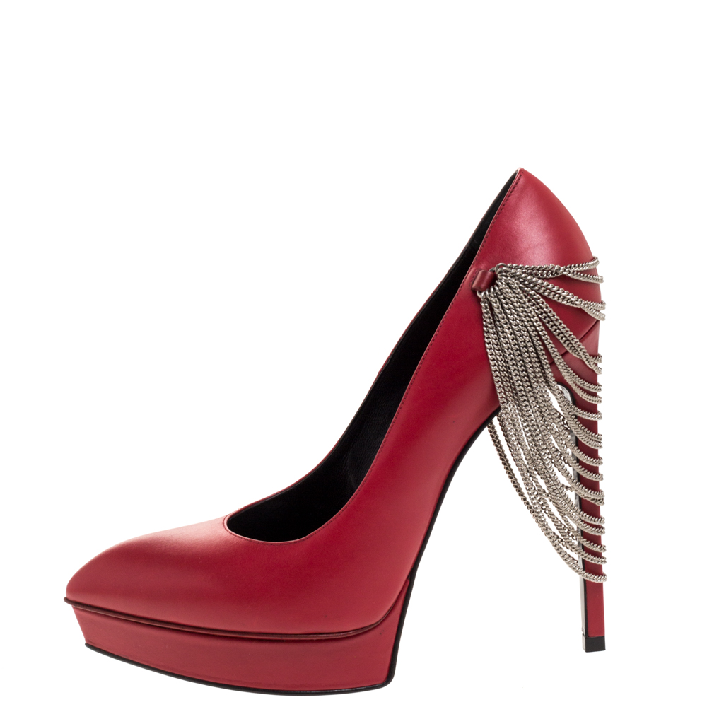 

Saint Laurent Paris Red Leather Janis Chain Heel Platform Pumps Size