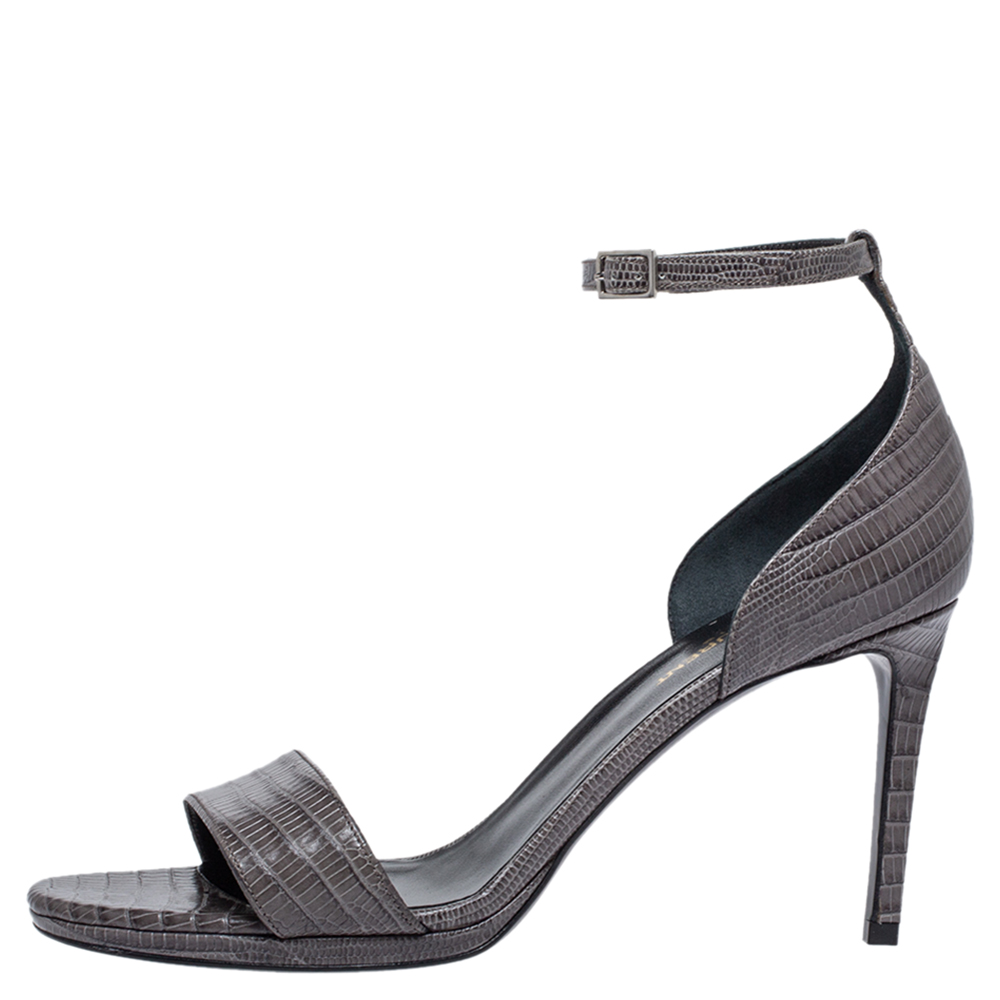 

Saint Laurent Paris Grey Lizard Embossed Leather Jane Ankle Strap Sandals Size