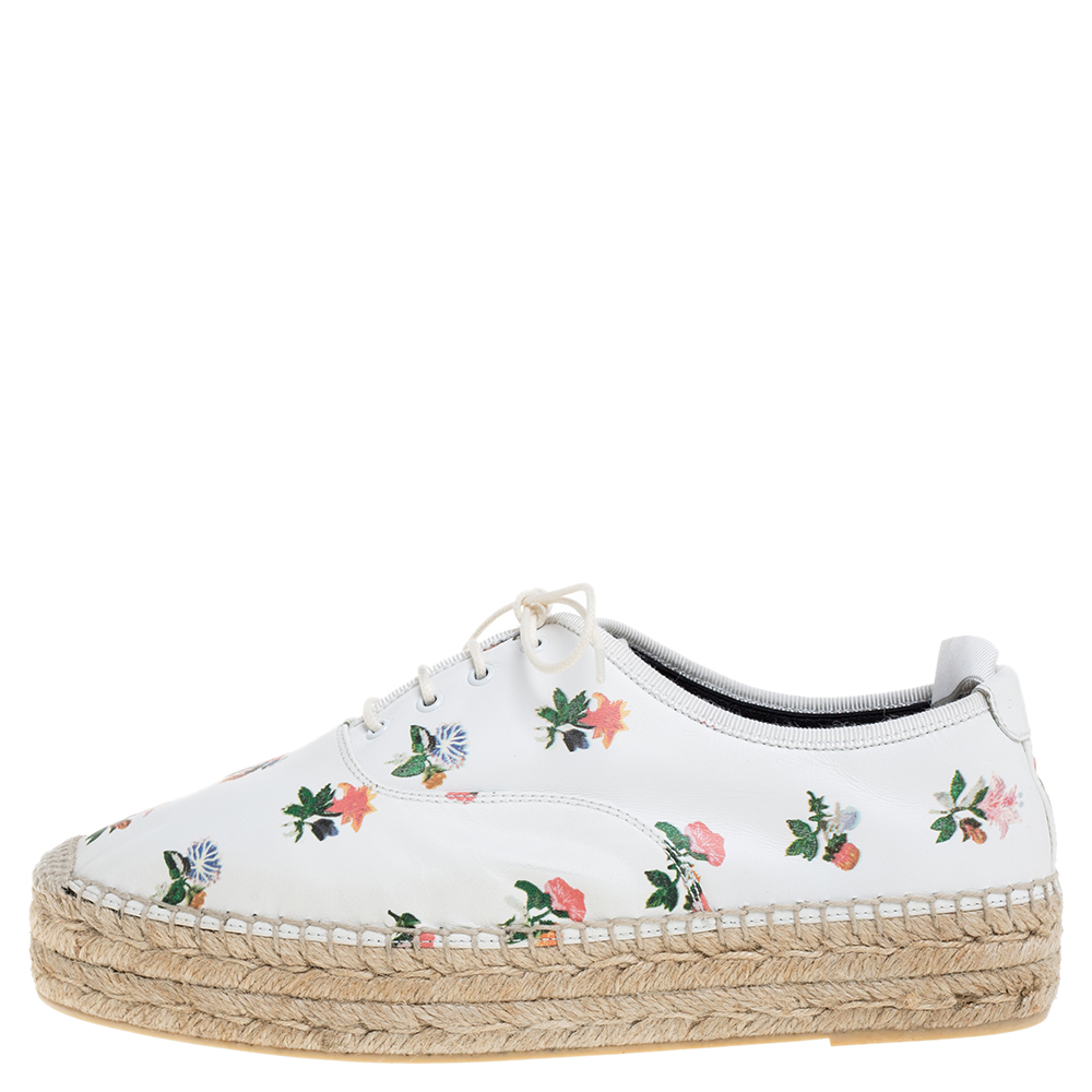 

Saint Laurent Paris White Floral Print Leather Espadrilles Wedge Platform Sneakers Size