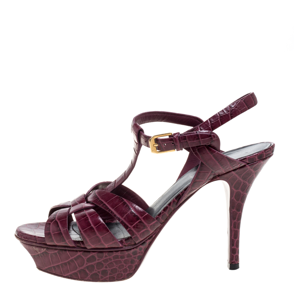 

Saint Laurent Paris Burgundy Croc Embossed Leather Tribute Platform Sandals Size