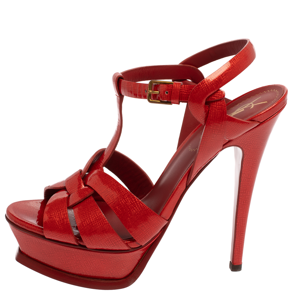 

Saint Laurent Paris Red Patent Leather Tribute Platform Ankle Strap Sandals Size