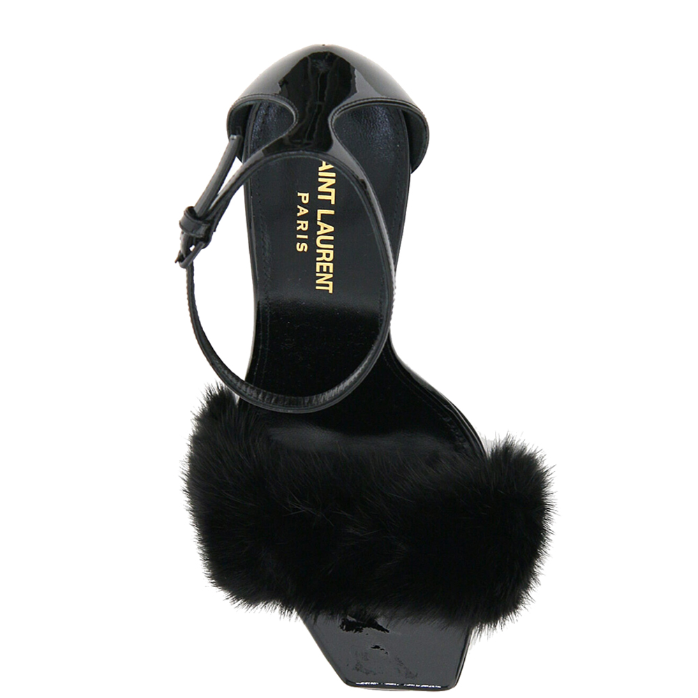 

Saint Laurent Black Patent Leather And Mink Fur Sandals Size EU