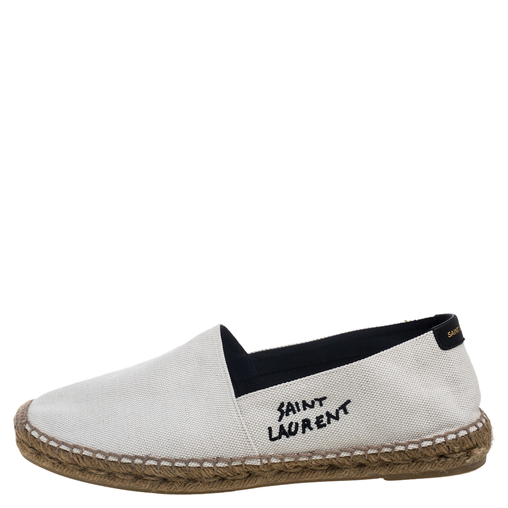 

Saint Laurent White Canvas Logo Embroidered Flat Espadrilles Size