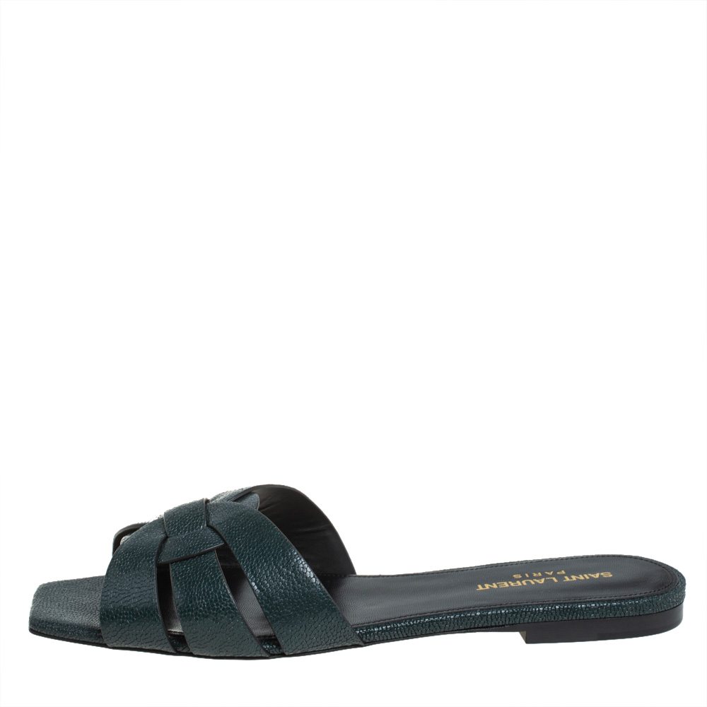 

Saint Laurent Dark Green Leather Tribute Flat Slide Sandals Size