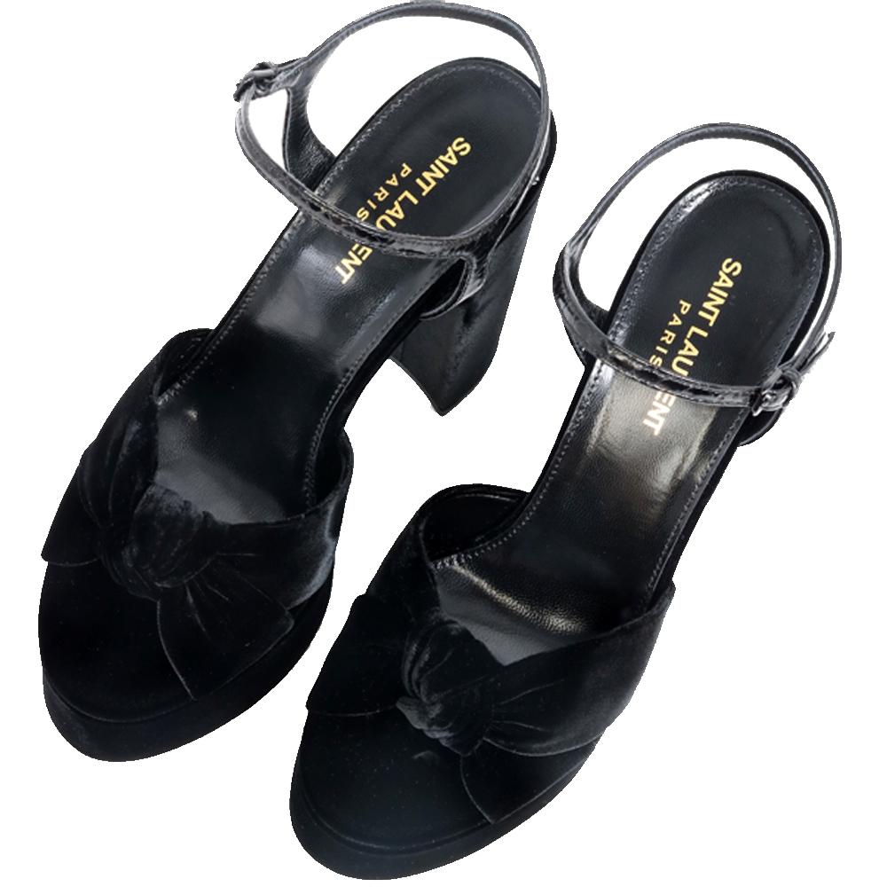 

Saint Laurent Black Lacquered Ayers-embossed Leather and Velvet Bianca Sandals Size